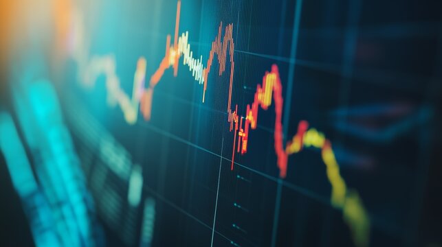 Stock market graph showing an uptrend at the top a downtrend at the bottom, representing sales going into a downturn recovering growth Blue background with bokeh effect, symbolizing financial recovery
