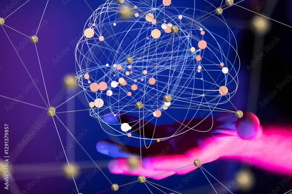 Poster Global network. Blockchain. 3D illustration. Neural networks and artificial intelligence. Abstract