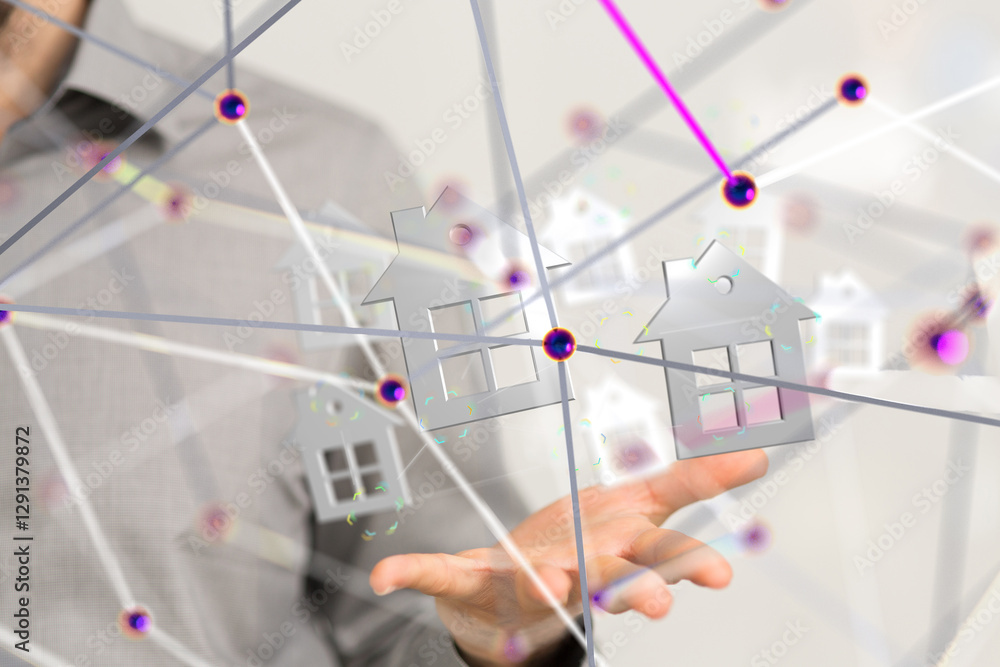 Poster home data. Digital cyberspace with particles and Digital data network connections concept. - 3d