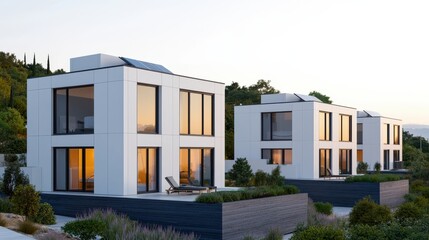 Modern white houses with large windows, situated on a hillside, reflecting warm sunlight during sunset.
