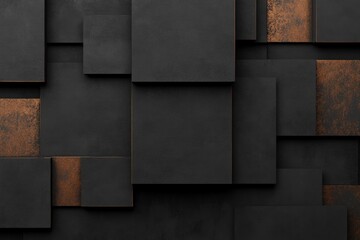 Textured composition of dark panels with copper accents, creatin