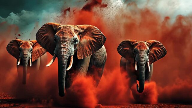 Family of elephants charging through a cloud of red dust in an African landscape, A family of elephants throw themselves from the red earth in the savannah