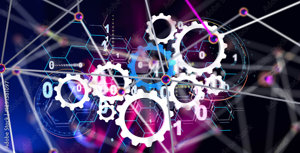 Poster Neural network 3D illustration. Big data and cybersecurity - 3d