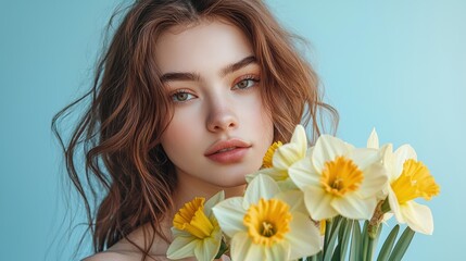 Naklejka premium Elegance in spring a woman with daffodils against a pastel sky
