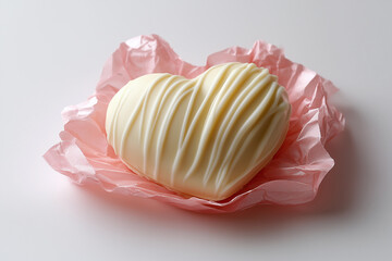a heart shaped chocolate in a pink wrapper on a white surface with a pink tissue paper around it