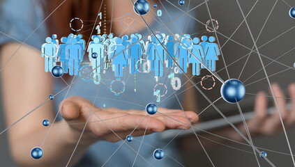 holding 3D rendering group of blue people