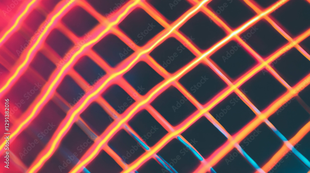 Poster neon light reflection on metallic grid background for futuristic design