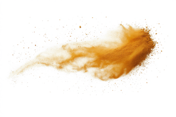 Golden turmeric powder explosion isolated on transparent or white background PNG