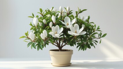 Fototapeta premium Delicate Compact Magnolia Bush with Lush Green Leaves in a Beige Pot on a White Surface Featuring White Blossoms