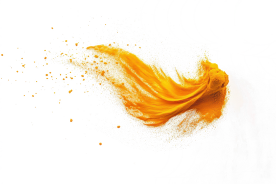 turmeric powder explosion isolated on transparent or white background, golden yellow spice cloud for cooking, PNG