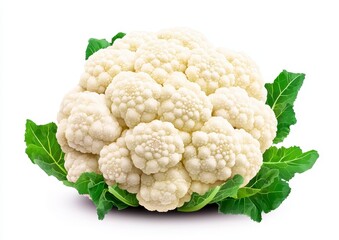 Fresh Cauliflower Head with Green Leaves Isolated on White Background