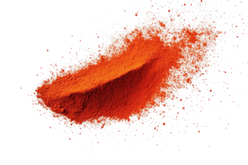Bright red paprika powder splash flying isolated on transparent or white background, aromatic spice