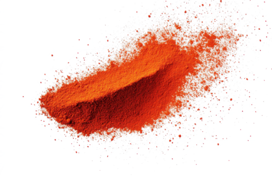 Bright red paprika powder splash flying isolated on transparent or white background, aromatic spice