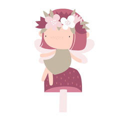 Vector illustration cute fairy girl with wings in a dress with a wreath of flowers on her head sitting on a mushroom. Cartoon forest princess fairy. Delicate illustration for girls. Magic.