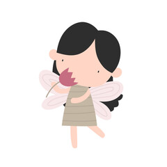 Vector illustration of a cute fairy girl with wings, wearing a dress and holding a flower. Adorable cartoon princess fairy character for kids.