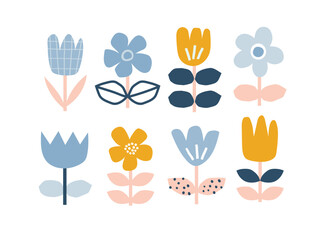 Fototapeta premium Stylized vector illustration of abstract flowers in pastel blue, yellow, and pink. Modern botanical design with a minimal and Scandinavian aesthetic for nursery, kids, and decor.