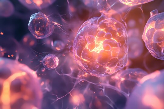 Stem Cells Repairing Damaged Tissue with Soft Glow Integration in Detailed Scientific Visualization