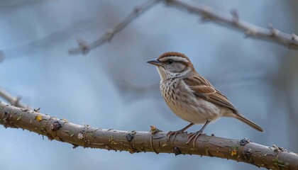 Fototapeta premium Detailed Small Bird with Brown and White Striped Plumage Perched on a Branch