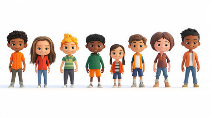 3D animation style, a diverse line of cartoon children, ages ranging from toddlers to late teens, facing the viewer, pure white backdrop, expressive eyes, happy expressions, detailed clothing, 