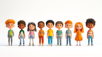 3D model of diverse cartoon children, different ages (toddlers to teens), perfectly aligned in a row, facing directly at the camera, plain white background, detailed expressions, high-quality 