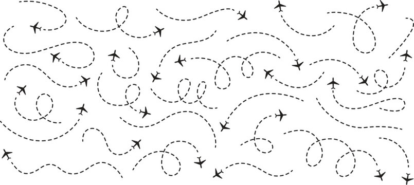 Airplane line path icon of air plane flight route dash line trace with start point. Simple airplane travel line path with map pins. Airplane dashed route path.