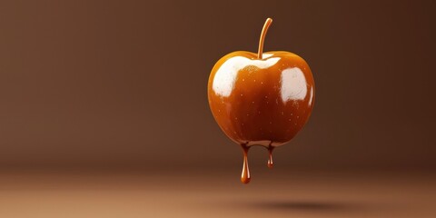 Obraz premium Floating caramel apple with glossy caramel dripping on a autumn orchard brown background 3D background minimalistic mockup with space for text