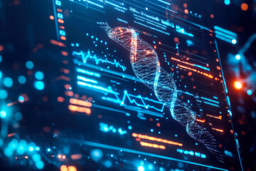 Futuristic digital interface displaying a glowing DNA helix with data charts and analytics in a high-tech science environment