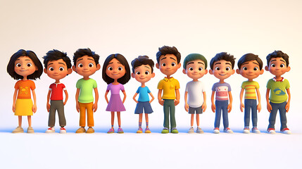 Fototapeta premium 3D rendered cartoon children, ranging in age from toddlers to late teens, forming a line, directly facing the viewer, on a solid white backdrop, large, expressive eyes, upbeat facial features, 