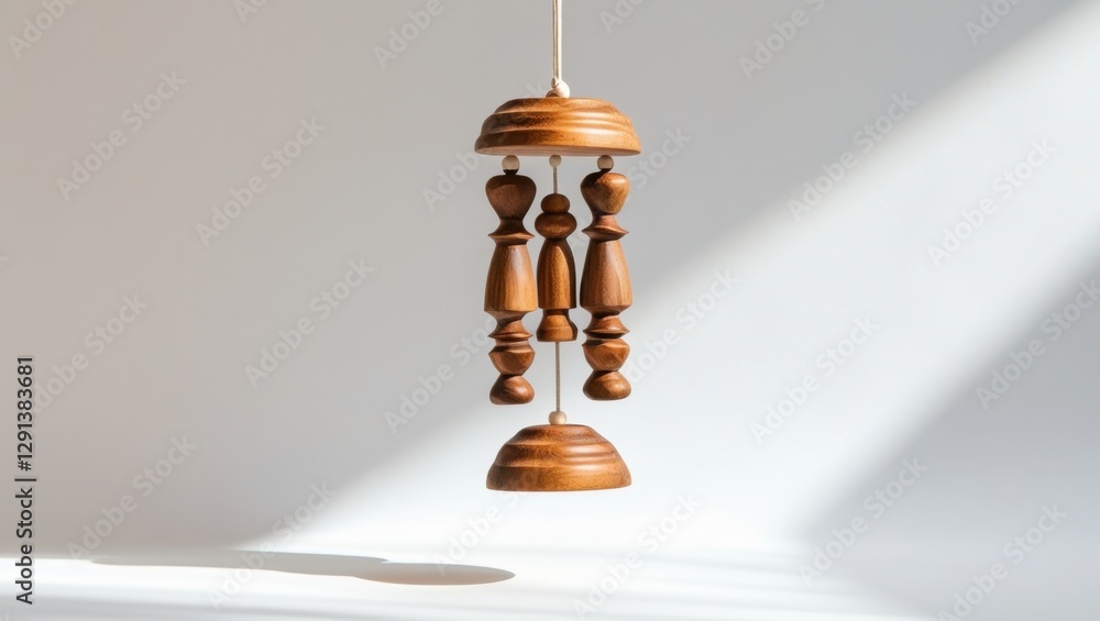 Poster handcrafted wooden toy chime ornament hanging against white wall in studio setting with soft shadow 