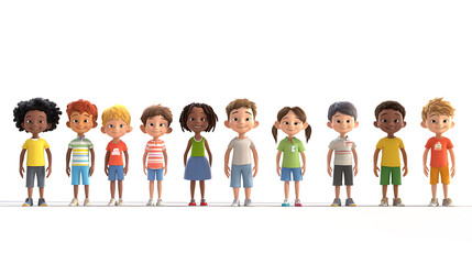 Obraz premium 3D rendered cartoon children, various ages and ethnicities, standing in a single file line, facing the camera, against a stark white backdrop, playful expressions, friendly faces, well-defined 