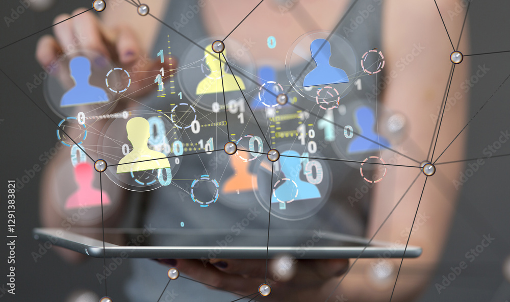 Poster Global network. Blockchain. 3D illustration. Neural networks and artificial intelligence. Abstract