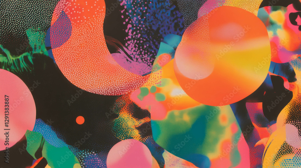 Poster vibrant abstract design of overlapping shapes and polka dots for artistic backgrounds