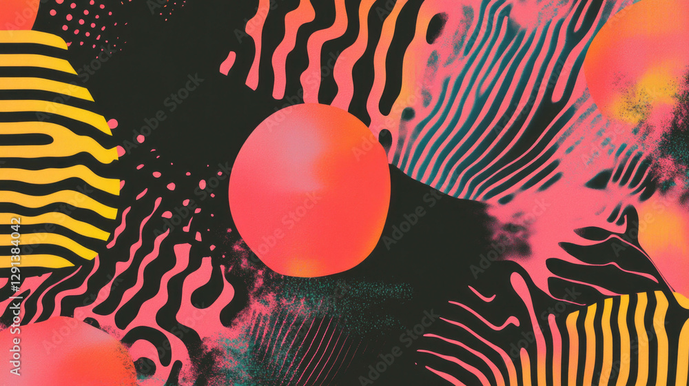 Poster Vibrant abstract composition with overlapping shapes and patterns for creative design