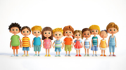 A group of cartoon children, ranging from toddlers to teenagers, lined up neatly, facing the camera, 3D animation style, isolated on white background, expressive eyes, individual personalities, 