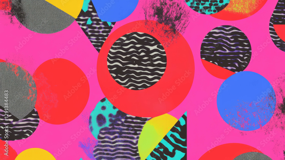 Poster vibrant geometric abstract art with overlapping circles and triangles