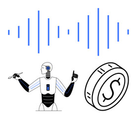 Robot analyzing with a stylus, sound wave patterns, and a dollar coin. Ideal for AI, finances, technology, data analysis, automation, digital economy abstract line flat metaphor