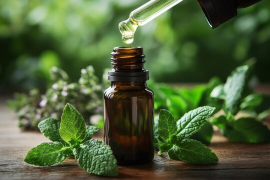 Essential oil dropping from pipette to bottle with fresh mint leaves