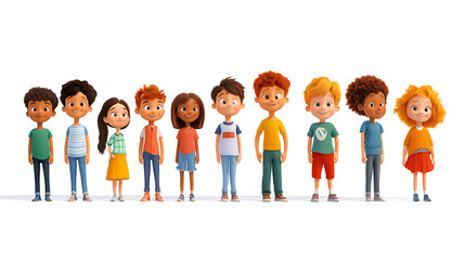 Fototapeta premium A line of cartoon children, ages ranging from toddlers to late teens, facing the viewer, against a pure white background, 3D rendered, cheerful expressions, dynamic poses, varied outfits, bright 