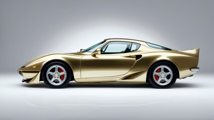 Fototapeta premium Shiny Gold Sports Car with Aerodynamic Design Under Studio Lighting Featuring Sleek Body Curves and Red Accents on Wheels Against Neutral Background