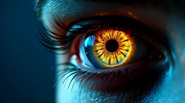 Extreme macro of human eye with vibrant golden amber iris in dramatic blue lighting. Digital art style close-up showing detailed iris texture, eyelashes and reflections with futuristic cyberpunk aesth