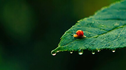 Snail on leaf, rainforest background, dew drops, nature