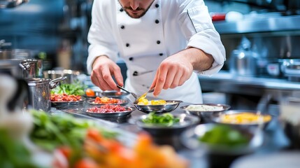 A chef organizing ingredients for a tasting menu, preparing each meal with great attention to detail.