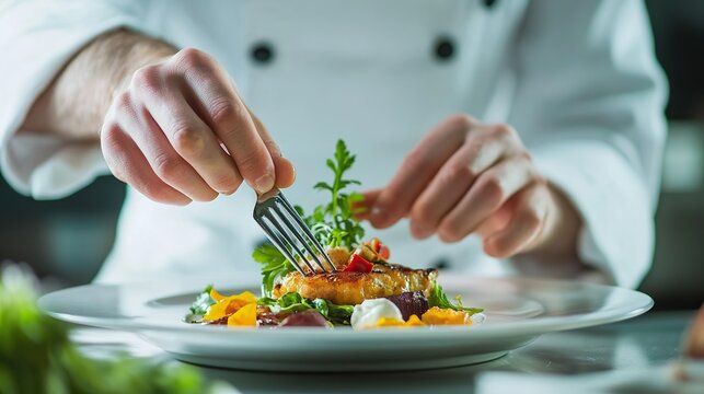A chef in the final stages of meal preparation, adding garnishes and finishing touches to a dish.