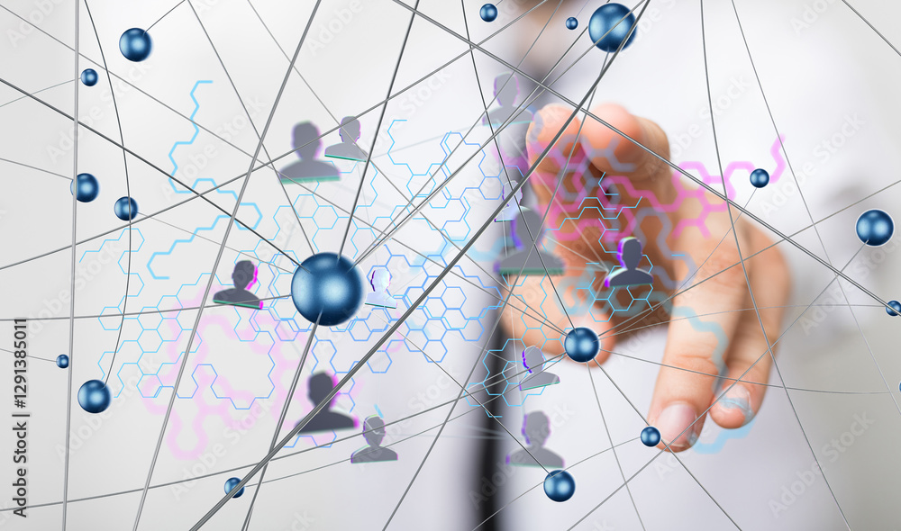 Poster Neural network concept. Connected cells with links.