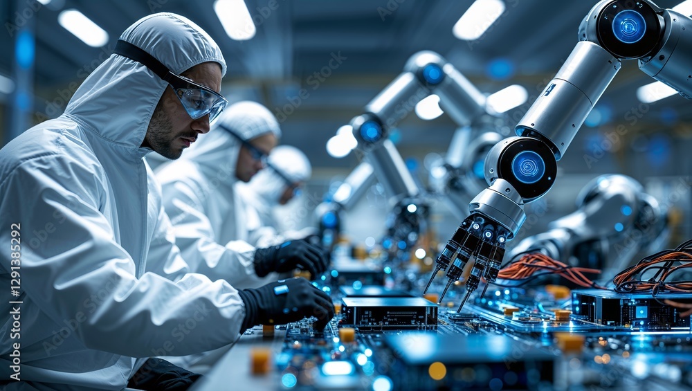 Poster advanced robotic assembly line in a cleanroom with technicians assembling electronic components
