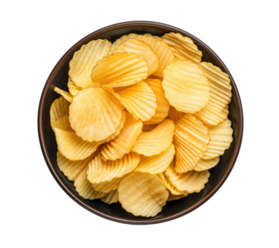 Crispy Potato Chips in Wooden Bowl on transparent background 