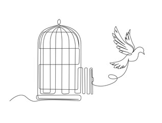 Continuous one line drawing of Pigeon and birdcage design. Bird flying out from birdcage in single line draw illustration. Editable stroke.