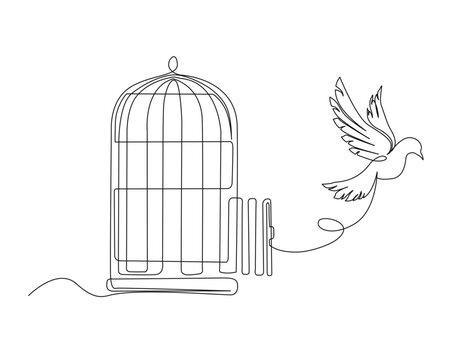 Continuous one line drawing of Pigeon and birdcage design. Bird flying out from birdcage in single line draw illustration. Editable stroke.