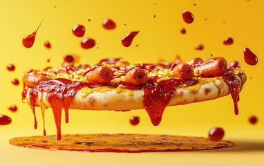 Flying Hot Dog Stuffed Crust Pizza with Ketchup Splashes on Playful Yellow Background