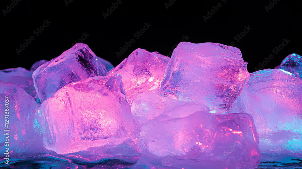 Poster illuminated pink ice cubes creating vibrant winter background for creative projects